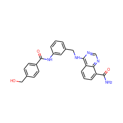 NC(=O)c1cccc2c(NCc3cccc(NC(=O)c4ccc(CO)cc4)c3)ncnc12 ZINC000114343034