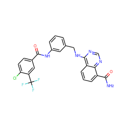 NC(=O)c1cccc2c(NCc3cccc(NC(=O)c4ccc(Cl)c(C(F)(F)F)c4)c3)ncnc12 ZINC000114347645