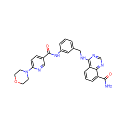 NC(=O)c1cccc2c(NCc3cccc(NC(=O)c4ccc(N5CCOCC5)nc4)c3)ncnc12 ZINC000166986682