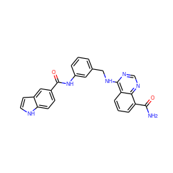 NC(=O)c1cccc2c(NCc3cccc(NC(=O)c4ccc5[nH]ccc5c4)c3)ncnc12 ZINC000114348573