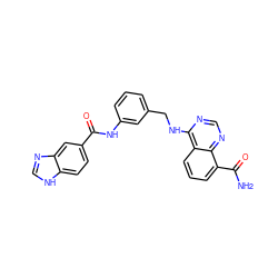 NC(=O)c1cccc2c(NCc3cccc(NC(=O)c4ccc5[nH]cnc5c4)c3)ncnc12 ZINC000114348605