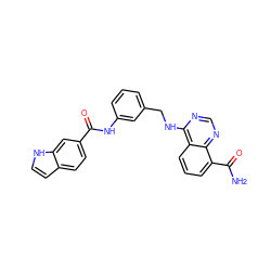 NC(=O)c1cccc2c(NCc3cccc(NC(=O)c4ccc5cc[nH]c5c4)c3)ncnc12 ZINC000114348827