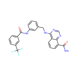 NC(=O)c1cccc2c(NCc3cccc(NC(=O)c4cccc(C(F)(F)F)c4)c3)ncnc12 ZINC000114348164