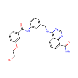 NC(=O)c1cccc2c(NCc3cccc(NC(=O)c4cccc(OCCO)c4)c3)ncnc12 ZINC000166959818