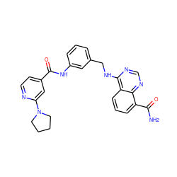 NC(=O)c1cccc2c(NCc3cccc(NC(=O)c4ccnc(N5CCCC5)c4)c3)ncnc12 ZINC000114349559