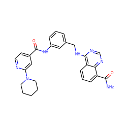 NC(=O)c1cccc2c(NCc3cccc(NC(=O)c4ccnc(N5CCCCC5)c4)c3)ncnc12 ZINC000166970040