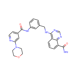 NC(=O)c1cccc2c(NCc3cccc(NC(=O)c4ccnc(N5CCOCC5)c4)c3)ncnc12 ZINC000167029846