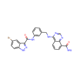 NC(=O)c1cccc2c(NCc3cccc(NC(=O)c4n[nH]c5ccc(Br)cc45)c3)ncnc12 ZINC000114349480