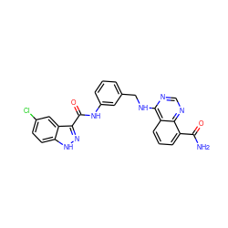 NC(=O)c1cccc2c(NCc3cccc(NC(=O)c4n[nH]c5ccc(Cl)cc45)c3)ncnc12 ZINC000114348239