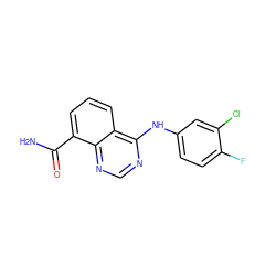 NC(=O)c1cccc2c(Nc3ccc(F)c(Cl)c3)ncnc12 ZINC000114348589