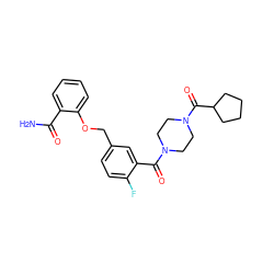 NC(=O)c1ccccc1OCc1ccc(F)c(C(=O)N2CCN(C(=O)C3CCCC3)CC2)c1 ZINC000040934277