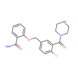 NC(=O)c1ccccc1OCc1ccc(F)c(C(=O)N2CCNCC2)c1 ZINC000040847514