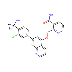 NC(=O)c1cccnc1COc1cc(-c2ccc(C3(N)CC3)c(Cl)c2)cc2ncccc12 ZINC000147818624