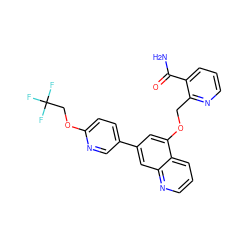 NC(=O)c1cccnc1COc1cc(-c2ccc(OCC(F)(F)F)nc2)cc2ncccc12 ZINC000147859655