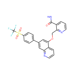 NC(=O)c1cccnc1COc1cc(-c2ccc(S(=O)(=O)C(F)(F)F)cc2)cc2ncccc12 ZINC000147851282