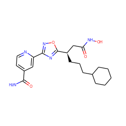 NC(=O)c1ccnc(-c2noc([C@H](CCCC3CCCCC3)CC(=O)NO)n2)c1 ZINC000028701818