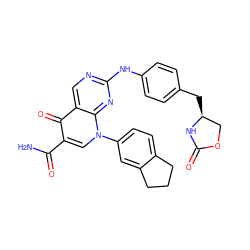 NC(=O)c1cn(-c2ccc3c(c2)CCC3)c2nc(Nc3ccc(C[C@H]4COC(=O)N4)cc3)ncc2c1=O ZINC000029125326