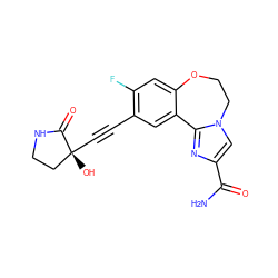 NC(=O)c1cn2c(n1)-c1cc(C#C[C@]3(O)CCNC3=O)c(F)cc1OCC2 ZINC000219616957