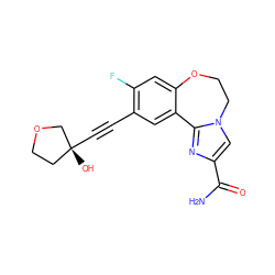 NC(=O)c1cn2c(n1)-c1cc(C#C[C@]3(O)CCOC3)c(F)cc1OCC2 ZINC000215748117