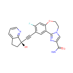 NC(=O)c1cn2c(n1)-c1cc(C#C[C@]3(O)CCc4cccnc43)c(F)cc1OCC2 ZINC000219606872