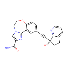 NC(=O)c1cn2c(n1)-c1cc(C#C[C@]3(O)CCc4cccnc43)ccc1OCC2 ZINC000205810470