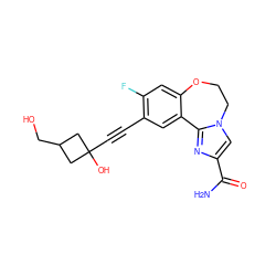 NC(=O)c1cn2c(n1)-c1cc(C#CC3(O)CC(CO)C3)c(F)cc1OCC2 ZINC000215739063