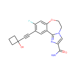 NC(=O)c1cn2c(n1)-c1cc(C#CC3(O)CCC3)c(F)cc1OCC2 ZINC000205787610