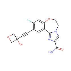 NC(=O)c1cn2c(n1)-c1cc(C#CC3(O)COC3)c(F)cc1OCC2 ZINC000215748241