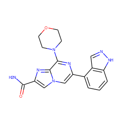 NC(=O)c1cn2cc(-c3cccc4[nH]ncc34)nc(N3CCOCC3)c2n1 ZINC000073315564