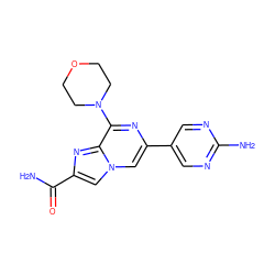 NC(=O)c1cn2cc(-c3cnc(N)nc3)nc(N3CCOCC3)c2n1 ZINC000084688802