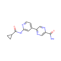 NC(=O)c1cnc(-c2ccnc(NC(=O)C3CC3)c2)cn1 ZINC000299871263