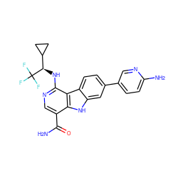 NC(=O)c1cnc(N[C@H](C2CC2)C(F)(F)F)c2c1[nH]c1cc(-c3ccc(N)nc3)ccc12 ZINC000072125187