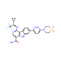 NC(=O)c1cnc(N[C@H](C2CC2)C(F)(F)F)c2c1[nH]c1cc(-c3ccc(N4CCS(=O)(=O)CC4)nn3)ccc12 ZINC000043205756