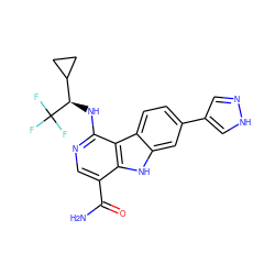 NC(=O)c1cnc(N[C@H](C2CC2)C(F)(F)F)c2c1[nH]c1cc(-c3cn[nH]c3)ccc12 ZINC000072123172