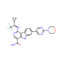 NC(=O)c1cnc(N[C@H](C2CC2)C(F)(F)F)c2c1[nH]c1cc(-c3cnc(N4CCOCC4)nc3)ccc12 ZINC000072126848