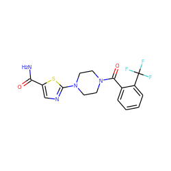 NC(=O)c1cnc(N2CCN(C(=O)c3ccccc3C(F)(F)F)CC2)s1 ZINC000045288748