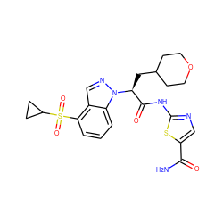 NC(=O)c1cnc(NC(=O)[C@H](CC2CCOCC2)n2ncc3c(S(=O)(=O)C4CC4)cccc32)s1 ZINC001772620154