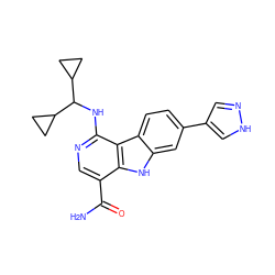 NC(=O)c1cnc(NC(C2CC2)C2CC2)c2c1[nH]c1cc(-c3cn[nH]c3)ccc12 ZINC000072125780