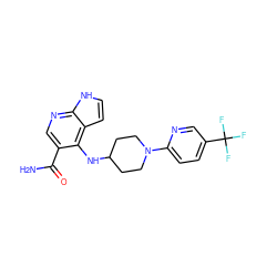 NC(=O)c1cnc2[nH]ccc2c1NC1CCN(c2ccc(C(F)(F)F)cn2)CC1 ZINC000201405514