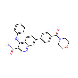 NC(=O)c1cnc2cc(-c3ccc(C(=O)N4CCOCC4)cc3)ccc2c1Nc1ccccc1 ZINC000028960643