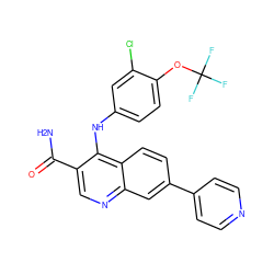 NC(=O)c1cnc2cc(-c3ccncc3)ccc2c1Nc1ccc(OC(F)(F)F)c(Cl)c1 ZINC000028959924