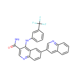 NC(=O)c1cnc2ccc(-c3cnc4ccccc4c3)cc2c1Nc1cccc(C(F)(F)F)c1 ZINC000653757105