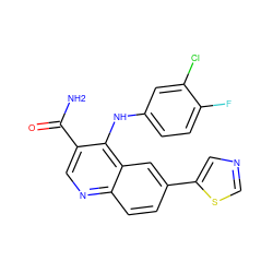 NC(=O)c1cnc2ccc(-c3cncs3)cc2c1Nc1ccc(F)c(Cl)c1 ZINC000045228802