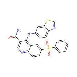 NC(=O)c1cnc2ccc(S(=O)(=O)c3ccccc3)cc2c1Nc1ccc2ncsc2c1 ZINC000045325001