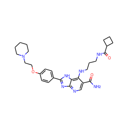 NC(=O)c1cnc2nc(-c3ccc(OCCN4CCCCC4)cc3)[nH]c2c1NCCCNC(=O)C1CCC1 ZINC000084615160