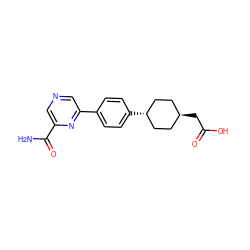 NC(=O)c1cncc(-c2ccc([C@H]3CC[C@H](CC(=O)O)CC3)cc2)n1 ZINC000261075188