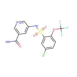 NC(=O)c1cncc(NS(=O)(=O)c2cc(Cl)ccc2OC(F)(F)F)c1 ZINC000199999898