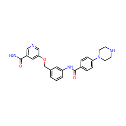 NC(=O)c1cncc(OCc2cccc(NC(=O)c3ccc(N4CCNCC4)cc3)c2)c1 ZINC000653861729