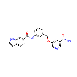 NC(=O)c1cncc(OCc2cccc(NC(=O)c3ccc4cc[nH]c4c3)c2)c1 ZINC000653916367