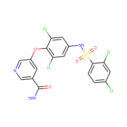 NC(=O)c1cncc(Oc2c(Cl)cc(NS(=O)(=O)c3ccc(Cl)cc3Cl)cc2Cl)c1 ZINC000095588846